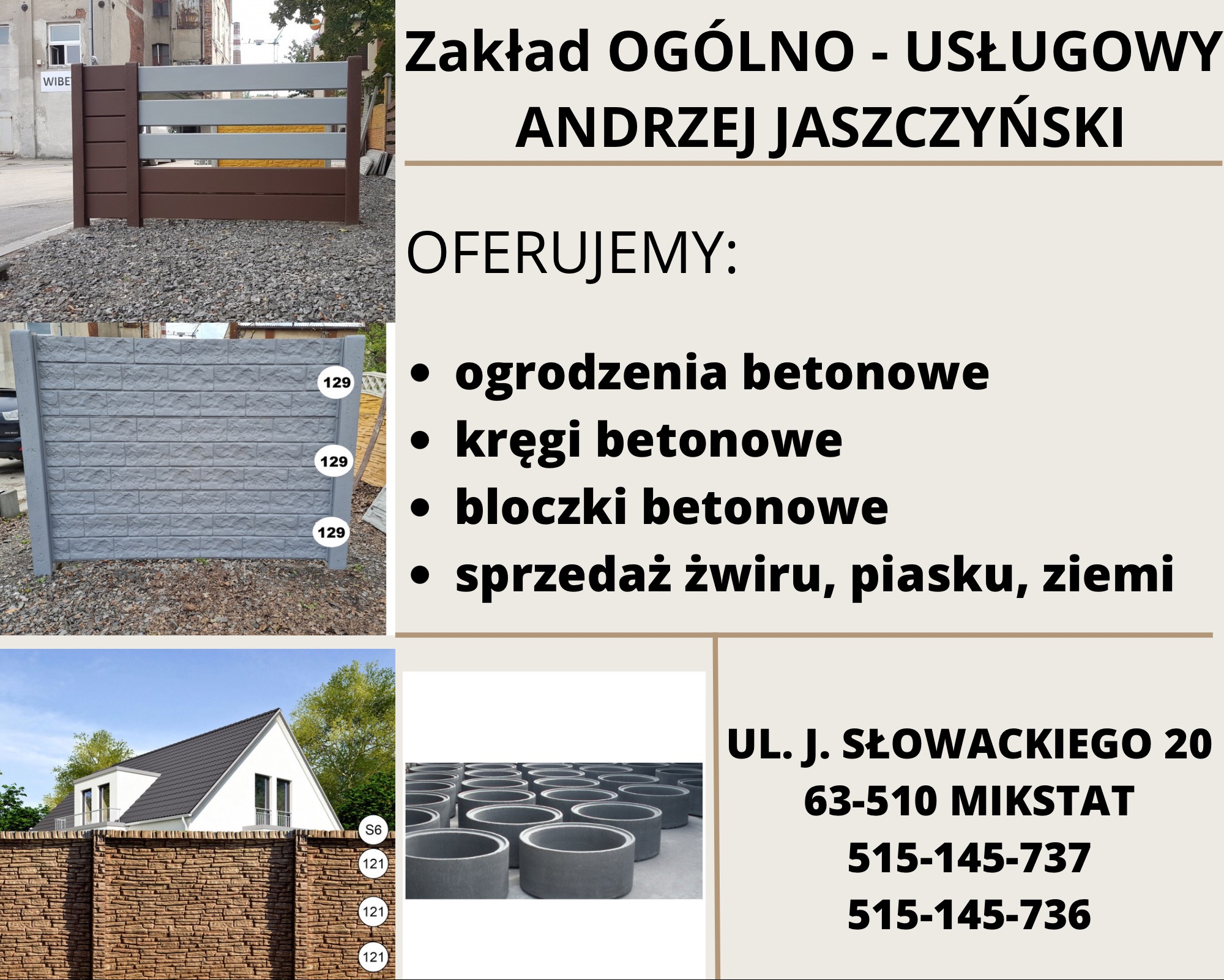Tablica reklamowa firmy z Mikstatu oferującej ogrodzenia betonowe, kręgi betonowe, bloczki betonowe oraz sprzedaż żwiru, piasku i ziemi. Na tablicy widoczne przykładowe realizacje ogrodzeń betonowych.