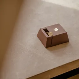 Otwarta, brązowa szkatułka z monogramem w złotym kolorze, leżąca na beżowym, kamiennym blacie.