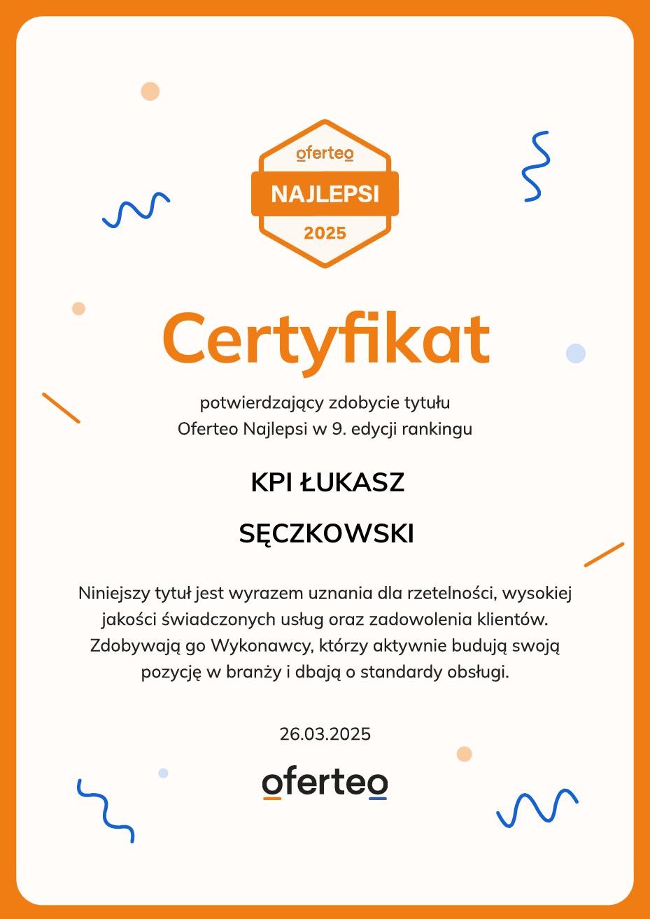 Certyfikat Oferteo Najlepsi 2025 dla KPI Łukasz Sęczkowski potwierdzający wysoką jakość świadczonych usług i zadowolenie klientów.