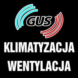 Logo firmy GUS z napisem KLIMATYZACJA WENTYLACJA na czarnym tle. Logo składa się z napisu GUS otoczonego stylizowanymi łukami w kolorach niebieskim i czerwonym.