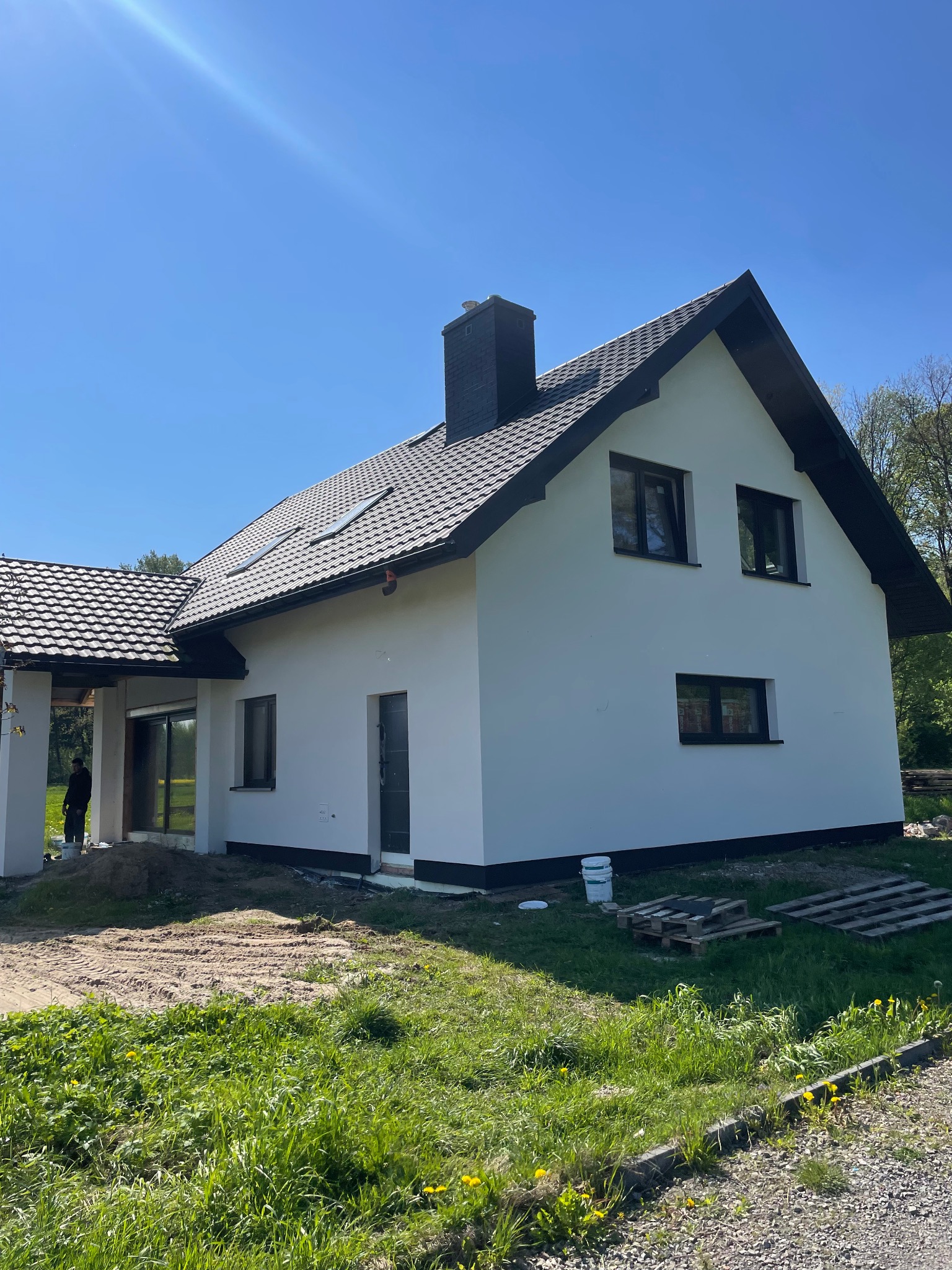 Nowoczesny dom jednorodzinny z białą elewacją, ciemną dachówką i czarnymi oknami, widoczny z zewnątrz w słoneczny dzień, z przygotowanym terenem wokół budynku.