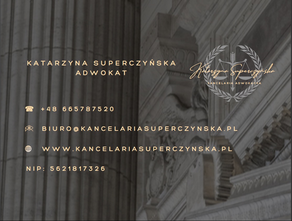 Wizytówka Kancelarii Adwokackiej Katarzyny Superczyńskiej z danymi kontaktowymi i logo na tle kolumn.