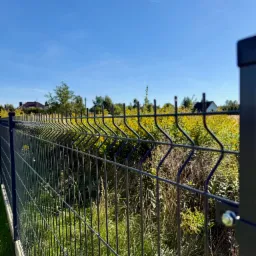 Nowoczesne ogrodzenie panelowe w kolorze grafitowym na tle zieleni i błękitnego nieba. Widoczne detale montażowe i solidna konstrukcja. Ochrona posesji z dbałością o estetykę.