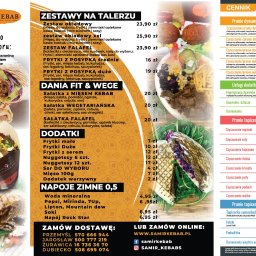 Awante Kliczek Marta - Menu lokalu gastronomicznego Samir Kebab z cenami dań, zestawów i napojów. Oferta obejmuje kebaby, sałatki, frytki i napoje. Widoczne dane kontaktowe i adres strony internetowej.