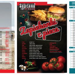 Awante Kliczek Marta - Menu restauracji z ofertą jazdy konnej i cennikiem usług księgowych, z elementami graficznymi zapiekanek i konia w galopie.