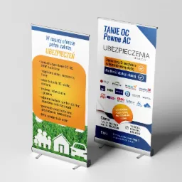 Dwa roll-upy reklamowe z ofertą ubezpieczeń: tanie OC/AC i pełen zakres ubezpieczeń komunikacyjnych, majątkowych, rolnych, życiowych i gwarancji przetargowych.
