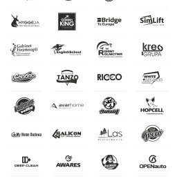 Awante Kliczek Marta - Kompilacja 28 czarno-białych logotypów różnych firm i organizacji, od restauracji po szkoły językowe, prezentowanych na białym tle.