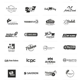 Awante Kliczek Marta - Kompilacja czarno-białych logotypów różnych firm, w tym z branż budowlanej, rolniczej, usług prawnych i handlowych. Różnorodność stylów i symboli graficznych.