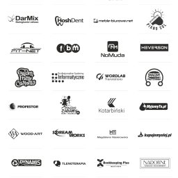 Awante Kliczek Marta - Kompilacja 32 logotypów w czerni i bieli, różnorodnych firm i marek, na białym tle. Logo o zróżnicowanej stylistyce, od minimalistycznych po bardziej rozbudowane graficznie.