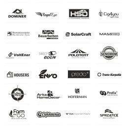 Awante Kliczek Marta - Zestawienie czarno-białych logotypów różnych firm i organizacji, w tym 'JarMar Electric', 'Angel Eye' i 'Sprzątex', na białym tle.