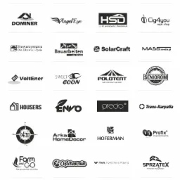 Zestawienie czarno-białych logotypów różnych firm i organizacji, w tym 'JarMar Electric', 'Angel Eye' i 'Sprzątex', na białym tle.