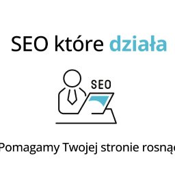 Awante Kliczek Marta - Grafika wektorowa: osoba przy biurku z laptopem, napis SEO, hasło 'SEO które działa' i 'Pomagamy Twojej stronie rosnąć'. Ilustracja optymalizacji strony.