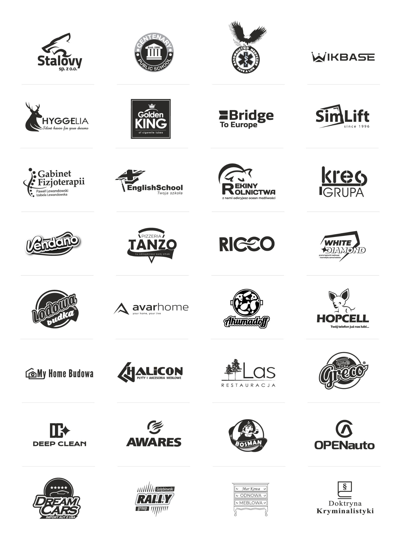Kompilacja 28 czarno-białych logotypów różnych firm i organizacji, od restauracji po szkoły językowe, prezentowanych na białym tle.