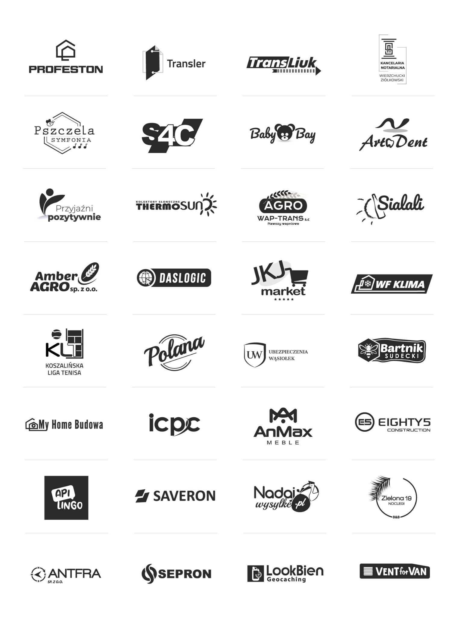 Kompilacja czarno-białych logotypów różnych firm, w tym z branż budowlanej, rolniczej, usług prawnych i handlowych. Różnorodność stylów i symboli graficznych.