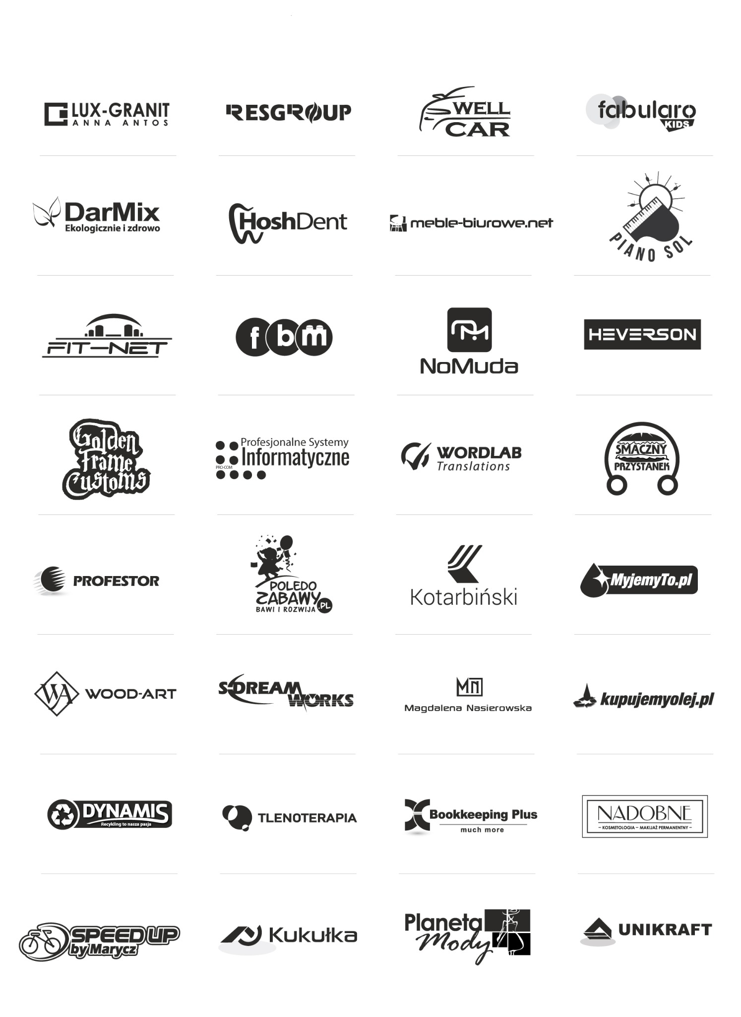 Kompilacja 32 logotypów w czerni i bieli, różnorodnych firm i marek, na białym tle. Logo o zróżnicowanej stylistyce, od minimalistycznych po bardziej rozbudowane graficznie.