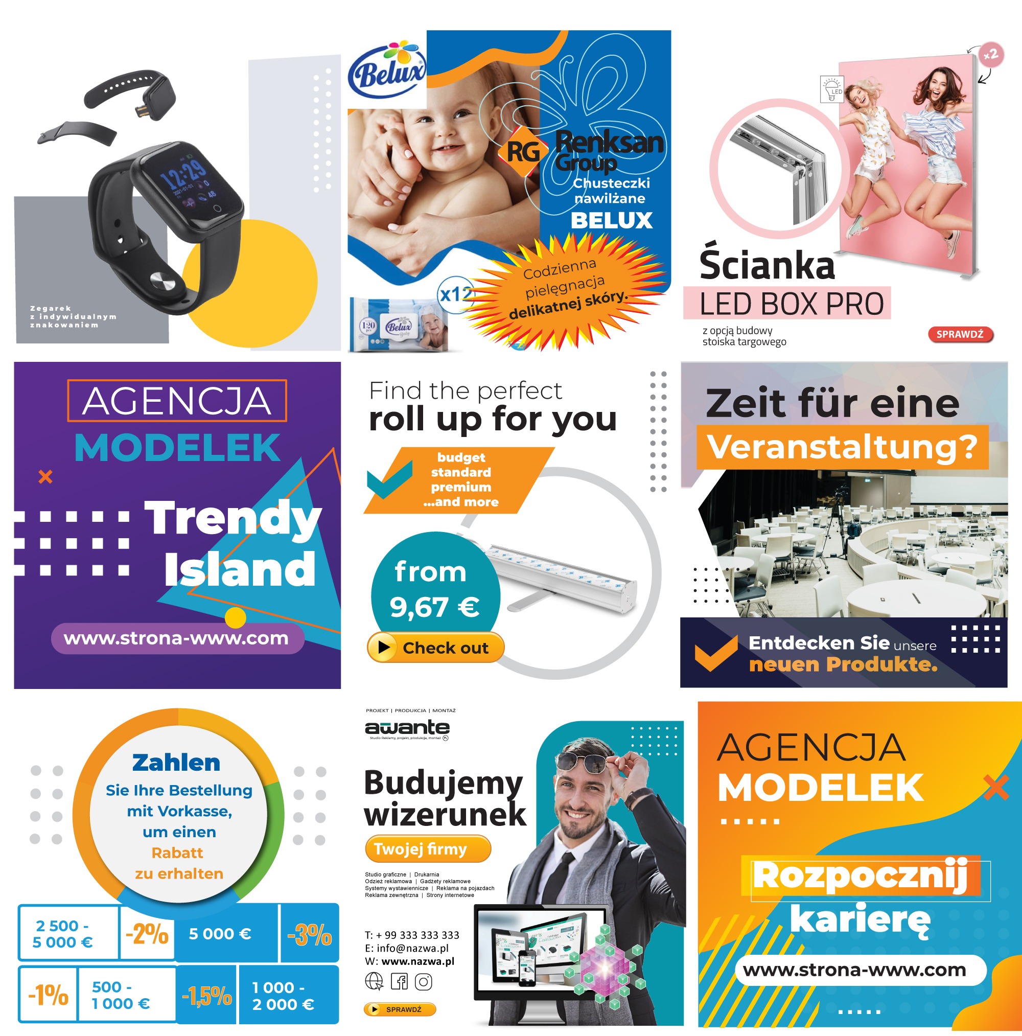 Kompozycja z reklam: zegarek, chusteczki Belux, ścianka LED, roll up, oferta rabatowa i wizualizacja wizerunku firmy od Awante, agencja modelek Trendy Island.