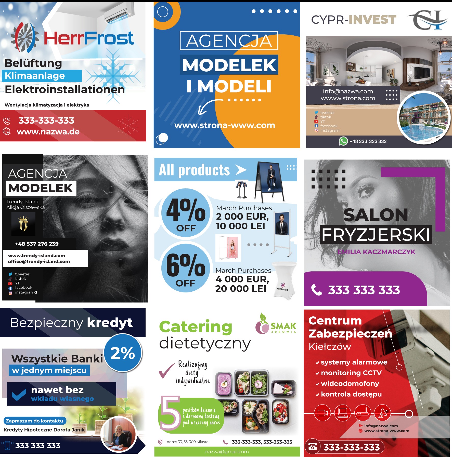 Zestawienie różnorodnych reklam graficznych: agencja modelek, catering dietetyczny, salon fryzjerski, kredyty hipoteczne, systemy zabezpieczeń, reklama klimatyzacji.