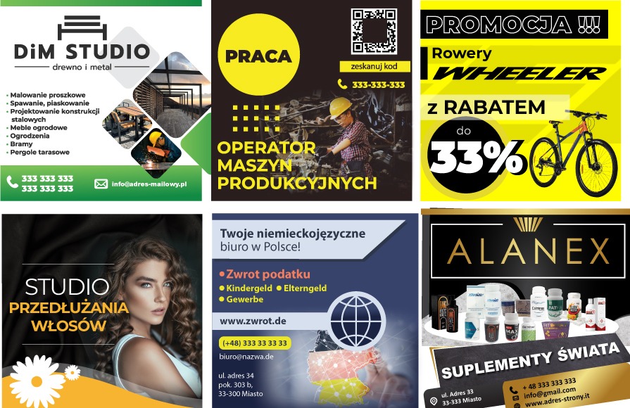 Zestawienie sześciu reklam: metaloplastyka, praca operatora maszyn, rowery z rabatem, przedłużanie włosów, zwrot podatku, suplementy diety.