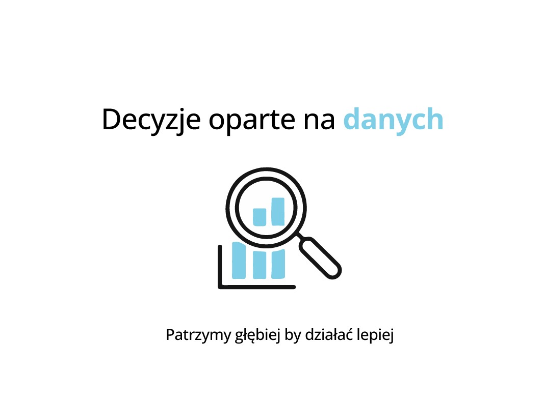 Grafika: lupa powiększa wykres słupkowy na białym tle. Tekst 'Decyzje oparte na danych' i slogan 'Patrzymy głębiej by działać lepiej'.