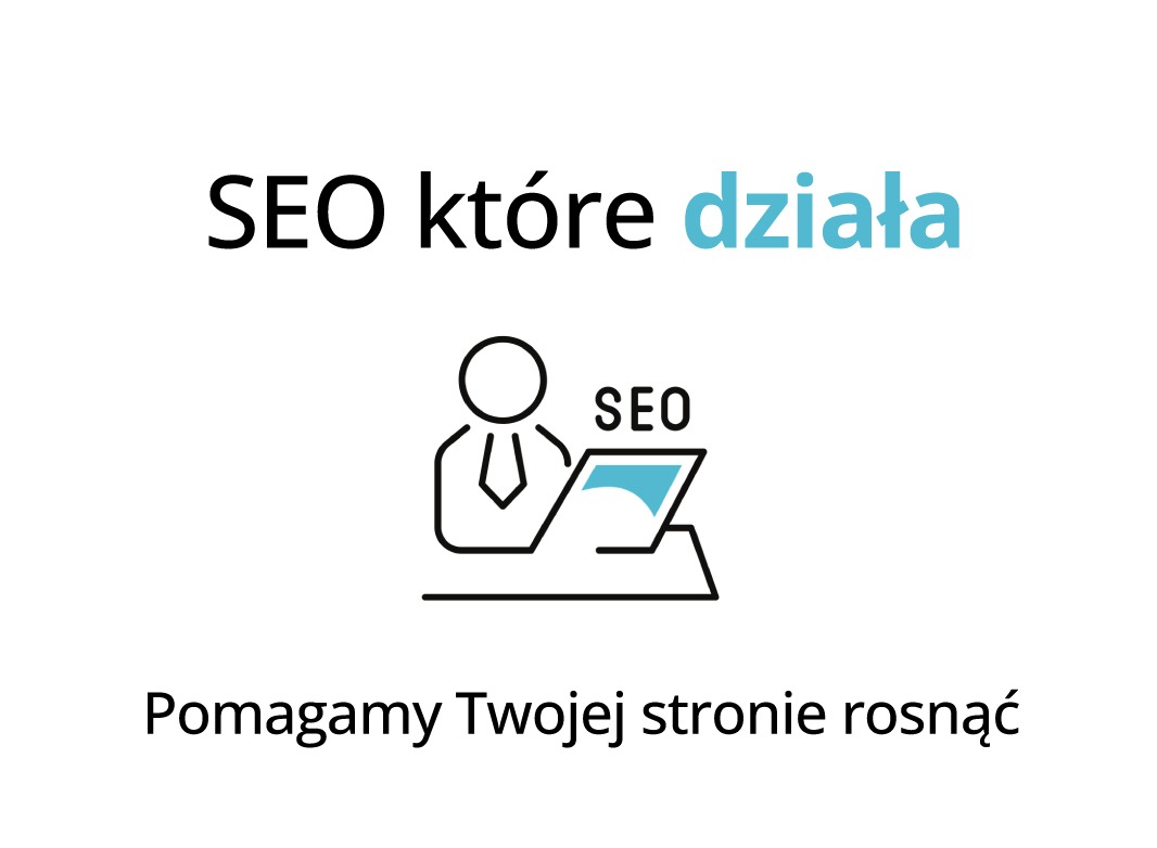 Grafika wektorowa: SEO, postać przy biurku z laptopem. Tekst: SEO które działa, Pomagamy Twojej stronie rosnąć. Minimalistyczny design w kolorach czerni i błękitu.