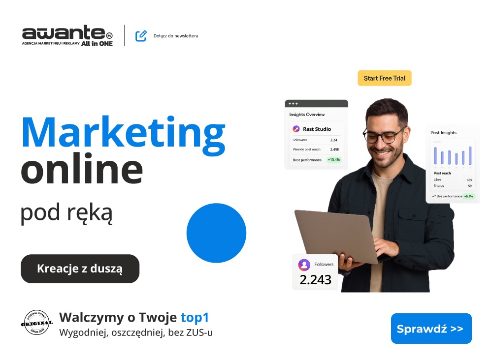 Reklama agencji marketingowej: mężczyzna z laptopem, statystyki online, hasło 'Marketing online pod ręką', logo firmy Awante.