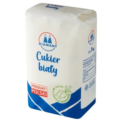 Opakowanie cukru białego Diamant 1kg, z widocznym logo producenta i informacją o pochodzeniu produktu z Polski oraz o zgodności z naturą i środowiskiem.
