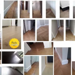 Kolaż przedstawiający różne ujęcia podłóg z panelami lub parkietem i białymi listwami przypodłogowymi, w różnych pomieszczeniach i stylach, z widocznymi detalami wykończenia.