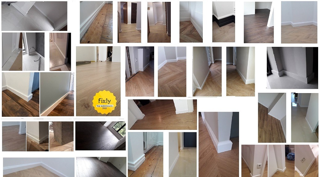 Kolaż przedstawiający różne ujęcia podłóg z panelami lub parkietem i białymi listwami przypodłogowymi, w różnych pomieszczeniach i stylach, z widocznymi detalami wykończenia.