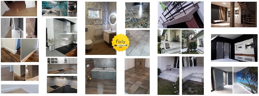 Zestaw zdjęć przedstawiających różne etapy prac remontowych i wykończeniowych: podłogi z panelami i płytkami, wykończone łazienki z armaturą, kuchnie z zabudową, salon z dekoracyjną ścianą i schodami.