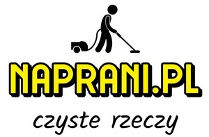 Czarno-białe logo firmy sprzątającej z nazwą 'NAPRANI.PL' i hasłem 'czyste rzeczy', oraz ikoną osoby odkurzającej.