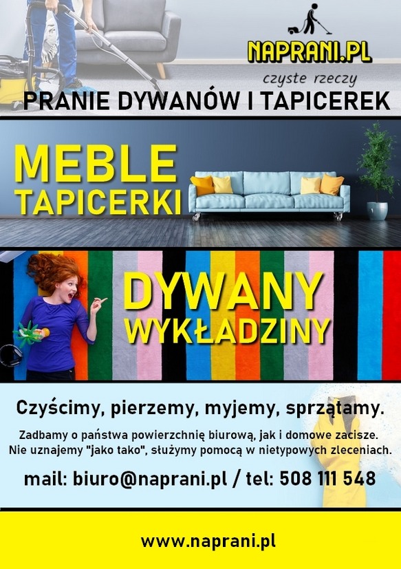 Grafika reklamowa firmy sprzątającej z ofertą prania dywanów, mebli tapicerowanych i wykładzin, prezentująca pracownika czyszczącego dywan odkurzaczem piorącym, aranżację salonu z kanapą...