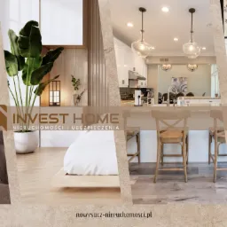 Kompozycja wnętrz mieszkalnych: kuchnia z wyspą, sypialnia z rośliną, jadalnia z krzesłami i biurko, prezentowane przez firmę Invest Home Nieruchomości i Ubezpieczenia.