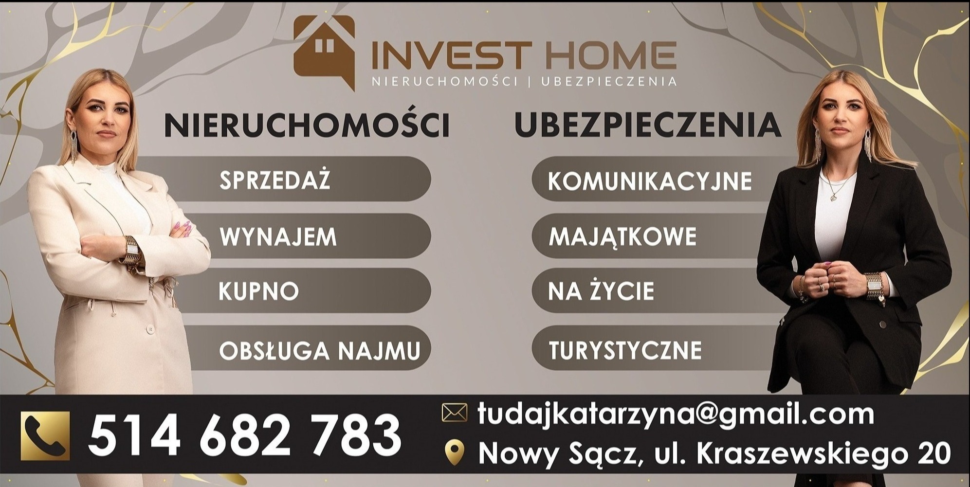 Grafika reklamowa firmy Invest Home z ofertą nieruchomości i ubezpieczeń, prezentująca dwie kobiety w eleganckich strojach, z numerem telefonu i adresem e-mail.