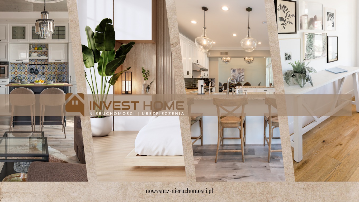 Kompozycja wnętrz mieszkalnych: kuchnia z wyspą, sypialnia z rośliną, jadalnia z krzesłami i biurko, prezentowane przez firmę Invest Home Nieruchomości i Ubezpieczenia.