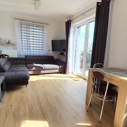 Darexpol - Jasne wnętrze salonu we Wrocławiu z drewnianą podłogą, szarą narożną sofą, stolikiem kawowym z rośliną doniczkową, stołem jadalnym z krzesłami i dużym oknem balkonowym z zasłonami.