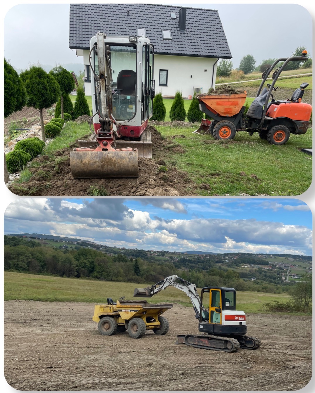 Dwa ujęcia: u góry minikoparka i wywrotka na trawniku przed domem, u dołu koparka i wywrotka na wykarczowanym polu z widokiem na pagórkowaty krajobraz.