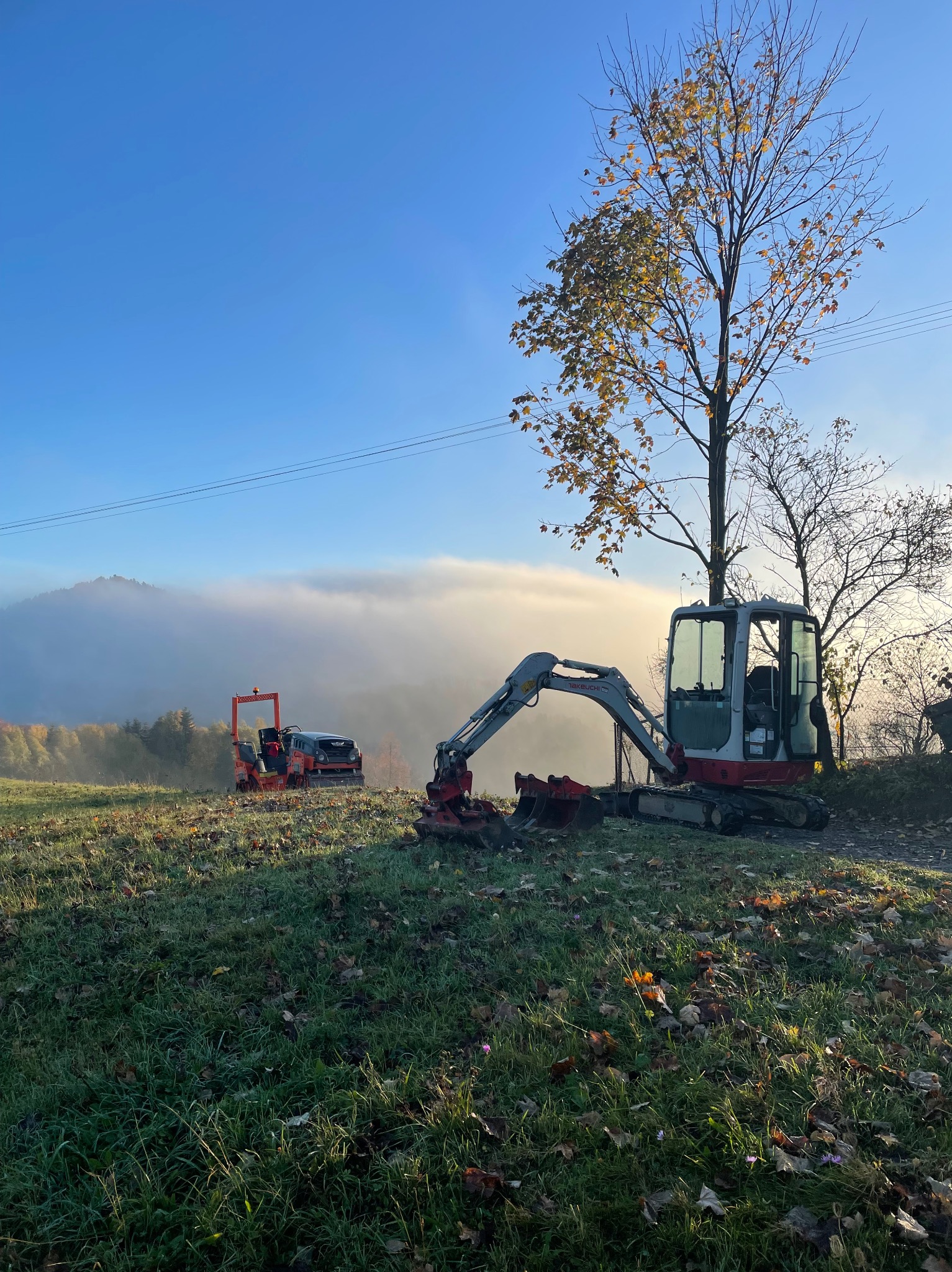 Mini koparka Takeuchi oraz walec wibracyjny na zroszonej trawie, w tle mgła i drzewa z jesiennymi liśćmi pod błękitnym niebem.