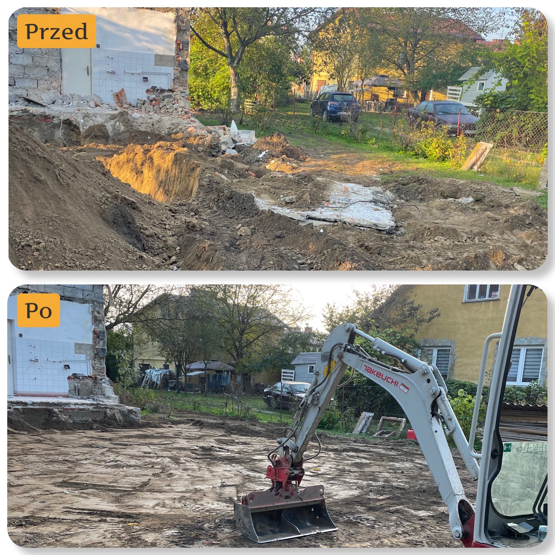 Porównanie 'przed' i 'po' prac ziemnych przy rozbiórce budynku: widok na wykopane fundamenty, gruz i wyrównany teren z użyciem minikoparki Takeuchi.