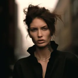 Portret kobiety z piegami i tatuażem na szyi, w czarnej koszuli z kołnierzykiem, na tle miejskiej ulicy w stonowanych barwach.