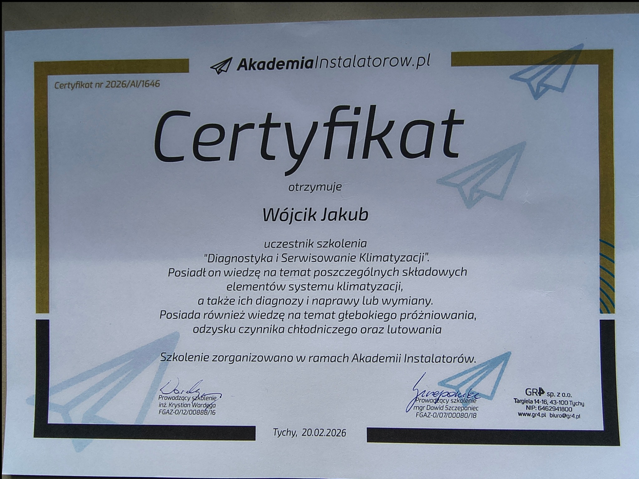 Certyfikat ukończenia szkolenia z diagnostyki i serwisowania klimatyzacji dla Wójcika Jakuba, wydany przez Akademię Instalatorów, Tychy, 20.02.2026.