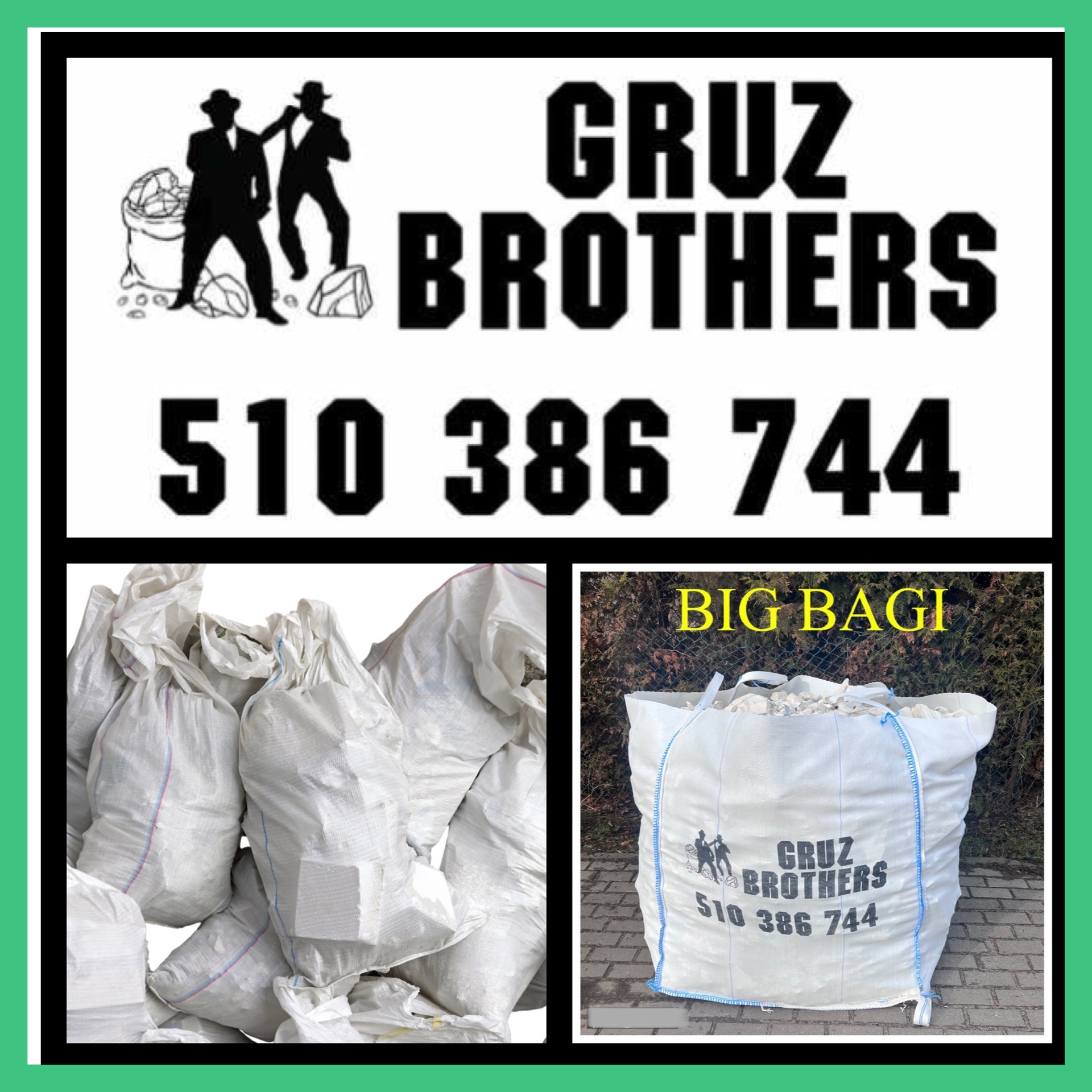 Kolaż prezentujący logo firmy z dwoma mężczyznami w kapeluszach, stertę białych worków wypełnionych materiałem oraz duży worek typu big bag z nadrukowanym logo i numerem telefonu.