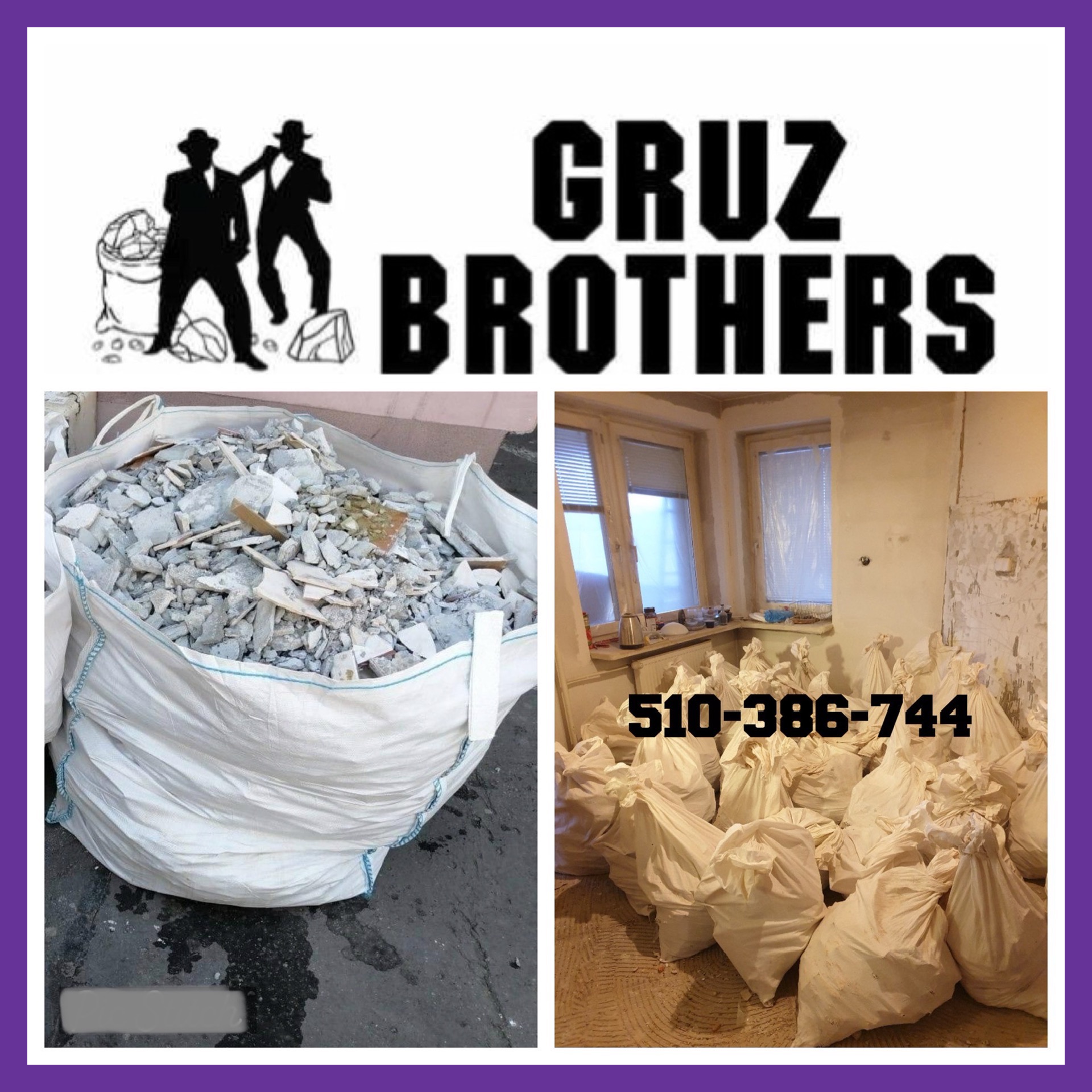 Worek typu Big Bag wypełniony gruzem i sterta worków z gruzem w pomieszczeniu po remoncie, logo firmy 'Gruz Brothers' i numer telefonu.
