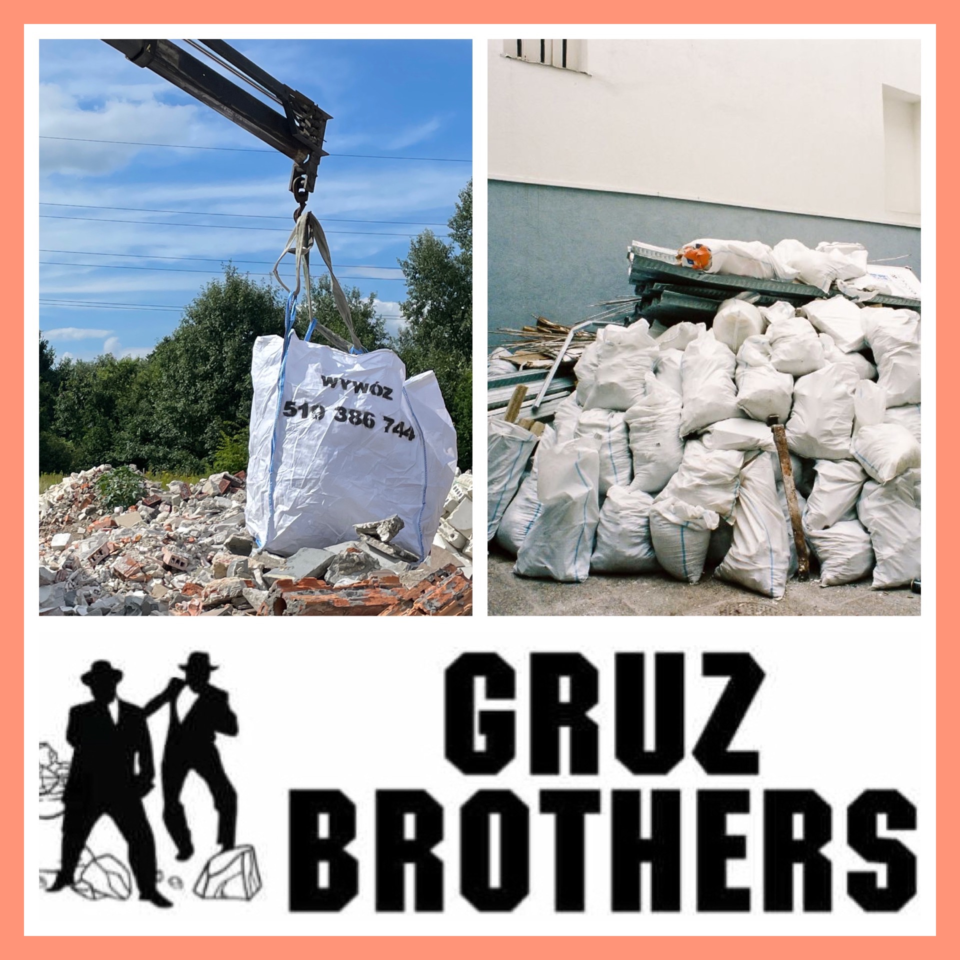 Na kolażu widoczny gruz budowlany na zewnątrz, podnoszony dźwigiem w worku typu Big Bag z napisem 'WYWOZ' oraz sterta worków z gruzem obok budynku, a także logo firmy 'Gruz Brothers'.
