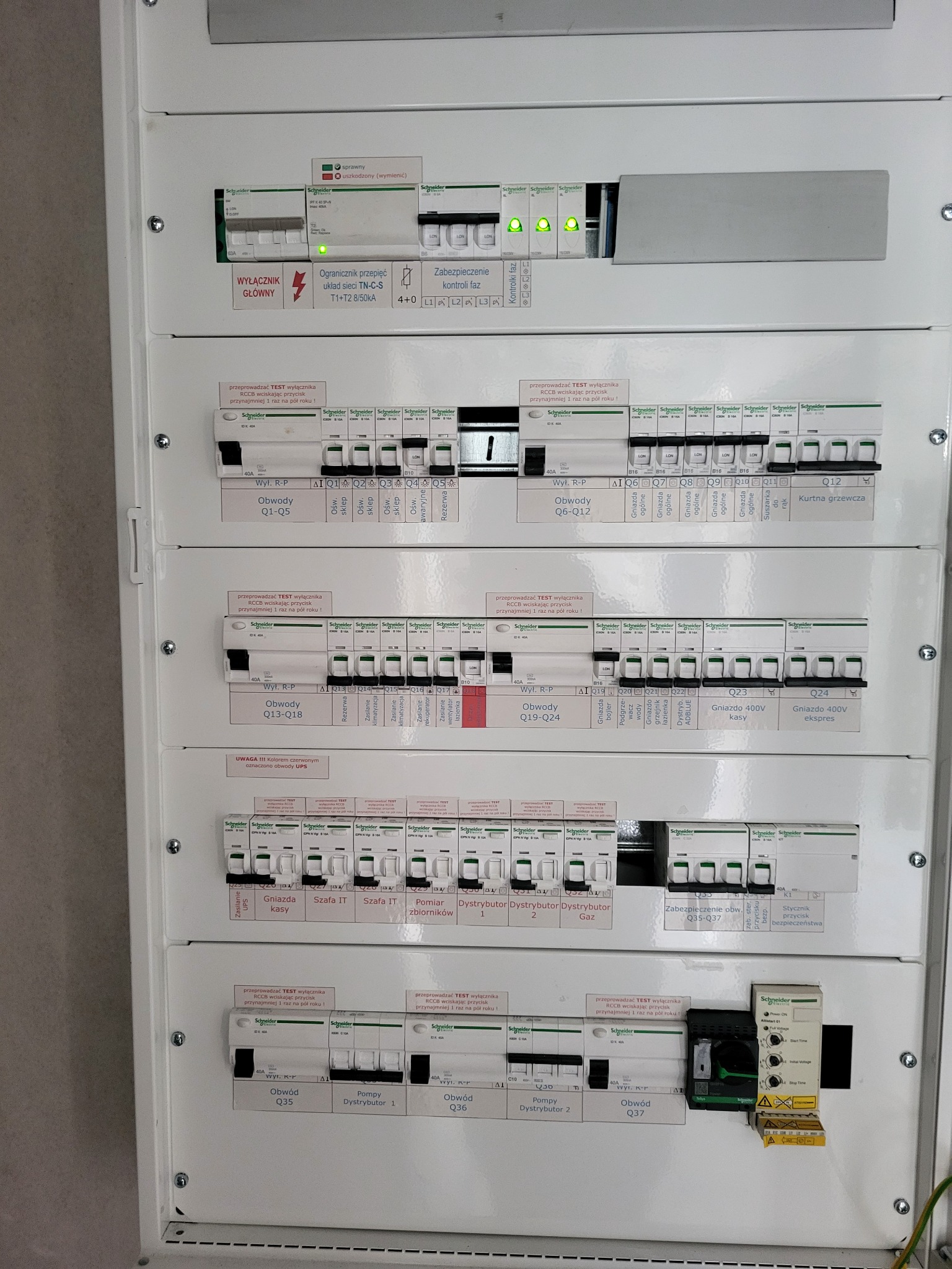 Rozdzielnica elektryczna z licznymi zabezpieczeniami, wyłącznikami różnicowoprądowymi i opisami obwodów, widoczne naklejki informacyjne o konieczności testowania wyłącznika RCCB.