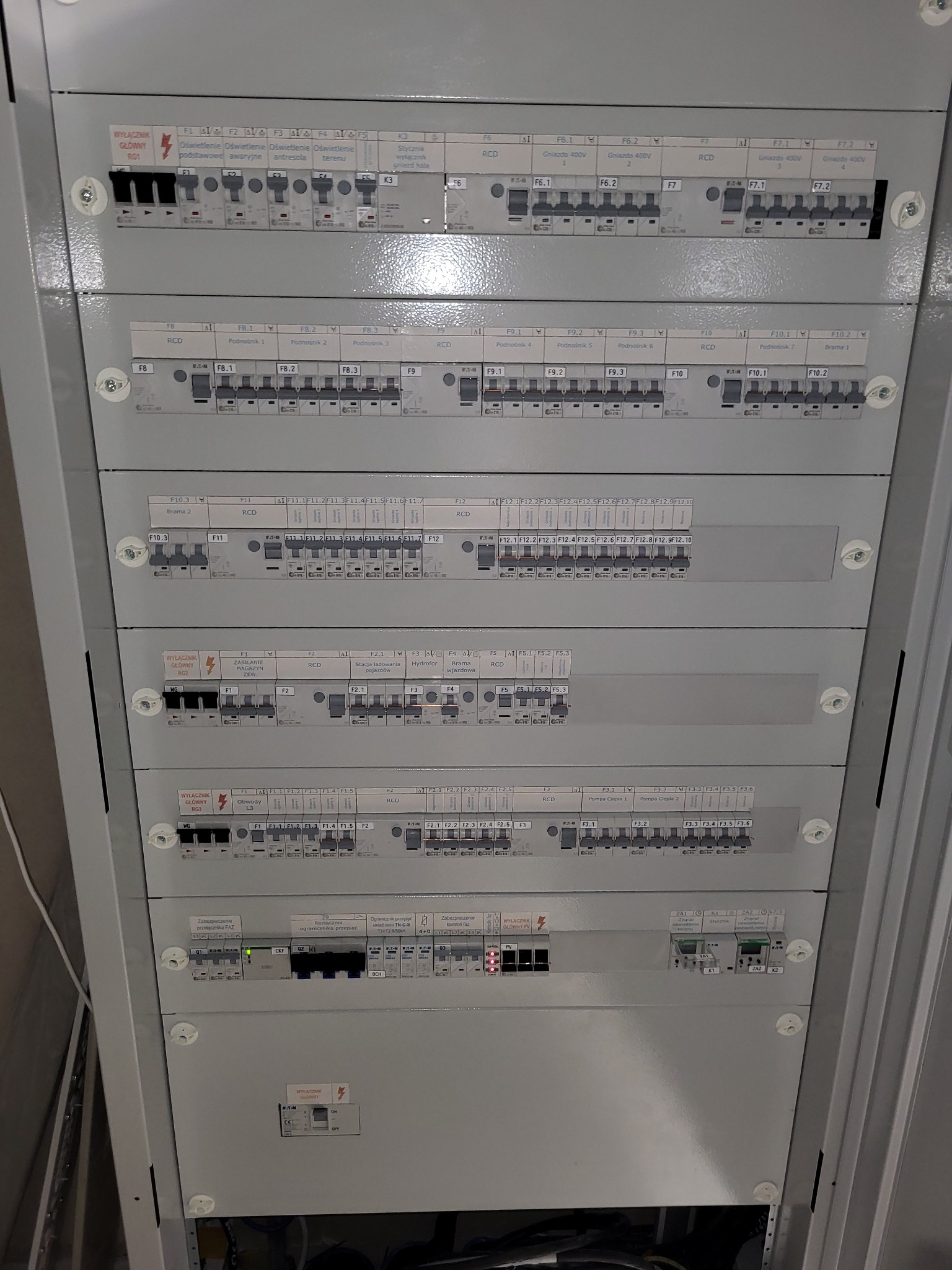 Rozdzielnica elektryczna z wieloma rzędami bezpieczników i wyłączników, opisanych etykietami, widok z bliska na szarą metalową obudowę.