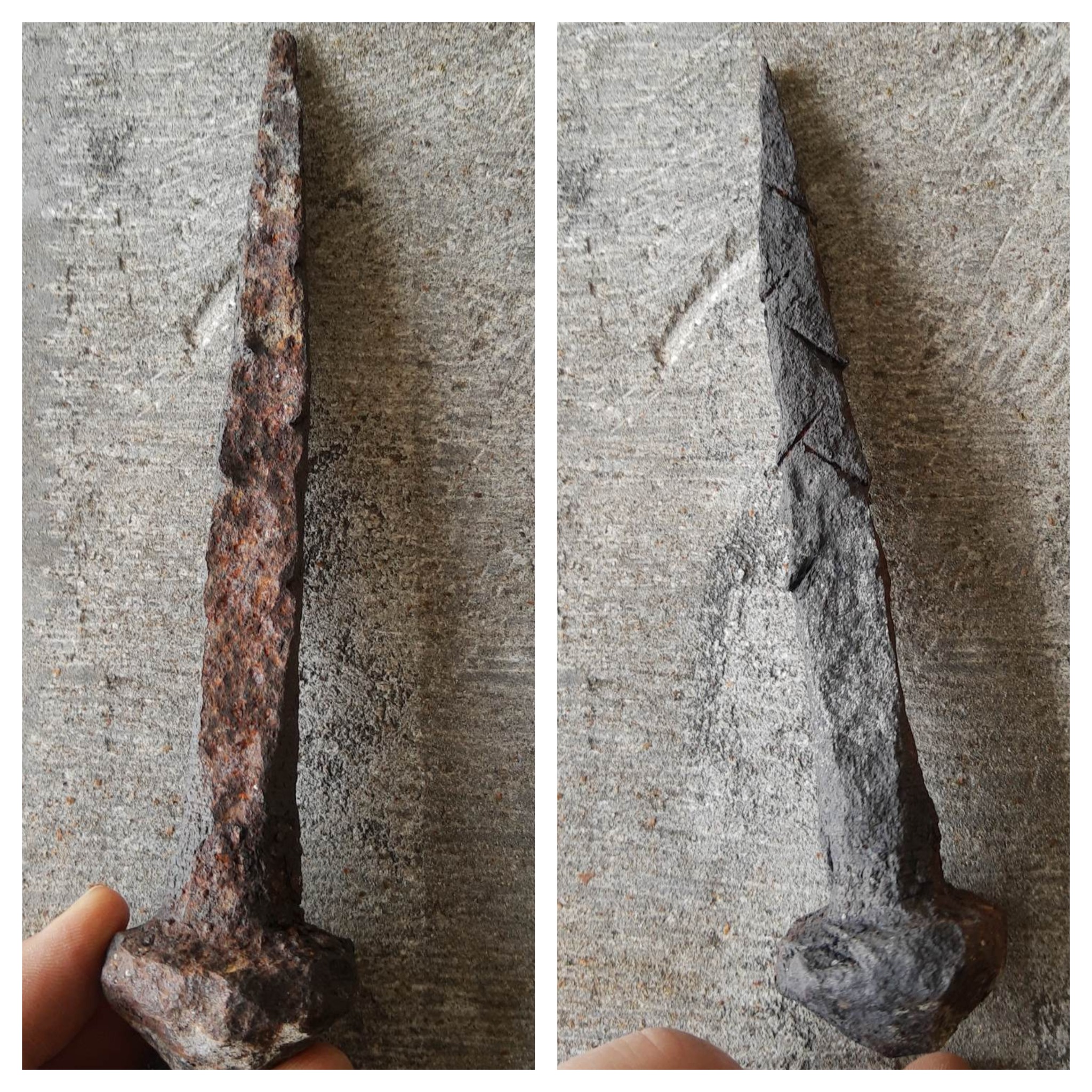 Porównanie stanu gwoździa: zardzewiały po lewej, oczyszczony po prawej, na szarym betonowym tle.