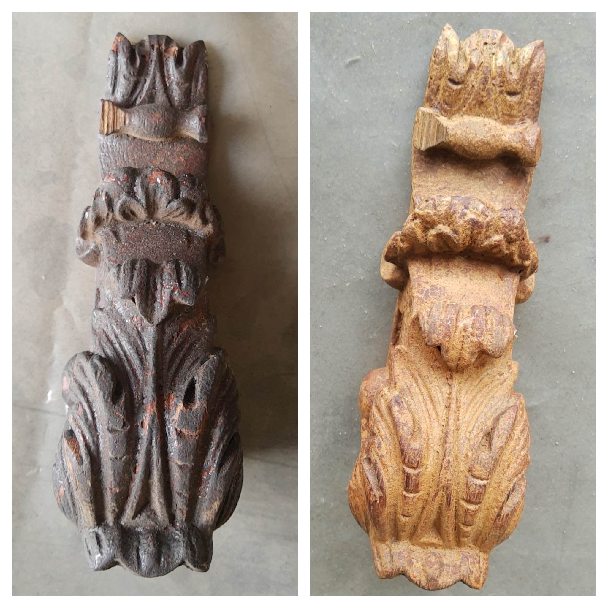 Porównanie dekoracyjnego elementu architektonicznego przed i po piaskowaniu: po lewej stronie ciemny, zanieczyszczony element, po prawej oczyszczony, jasny element z widoczną strukturą drewna.