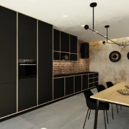 Wizualizacja nowoczesnej kuchni z czarnymi szafkami z drewnianymi obramowaniami, ceglaną ścianą i stołem z czarnymi krzesłami.