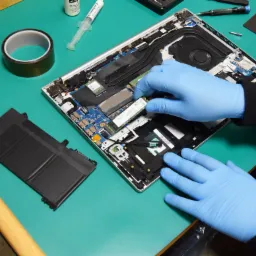 Otwarty laptop na zielonym stole, ręce w niebieskich rękawiczkach instalują moduł pamięci RAM, obok bateria, taśma izolacyjna, pasta termoprzewodząca i śrubokręty.