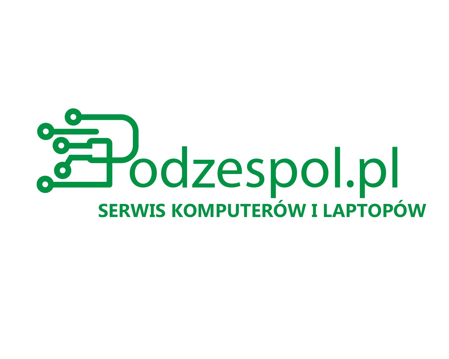 Zielone logo firmy Podzespol.pl, specjalizującej się w serwisie komputerów i laptopów, z elementami graficznymi przypominającymi połączenia elektroniczne.